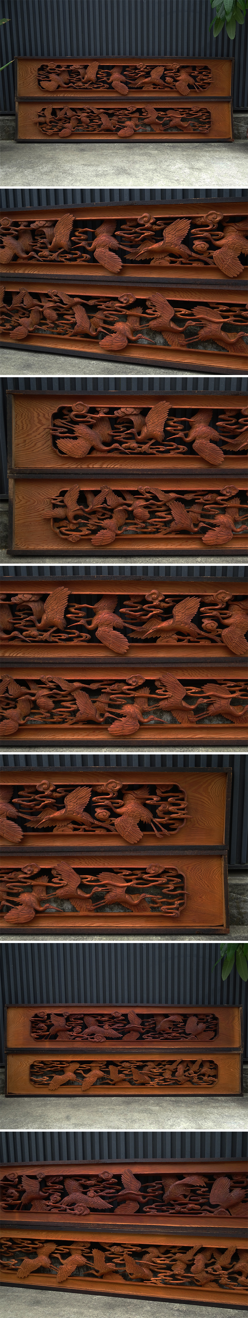 侍】 名品 時代 井波彫刻 細密木彫 雲鶴図 欄間 一対 日本家具 和家具 